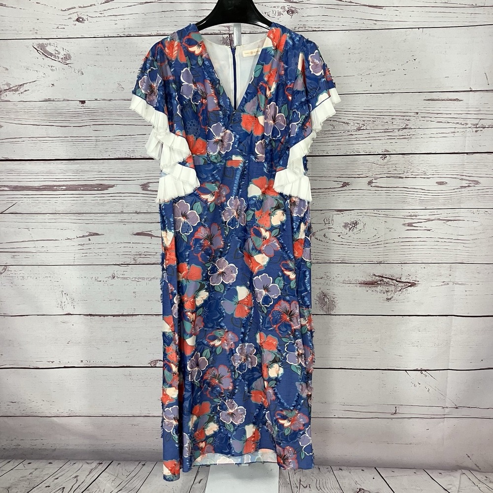 Tory Burch Floral Ruffle Sleeve Midi Dress Blue Multicolor Womens Size 14